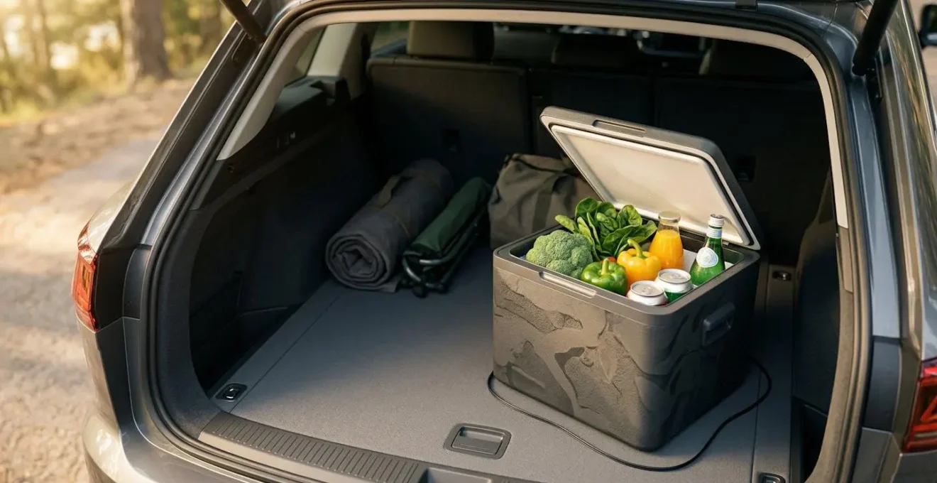 Professionelle Kompressor-Kühlbox im Kofferraum eines Fahrzeugs bei Sommerhitze mit frischen Lebensmitteln