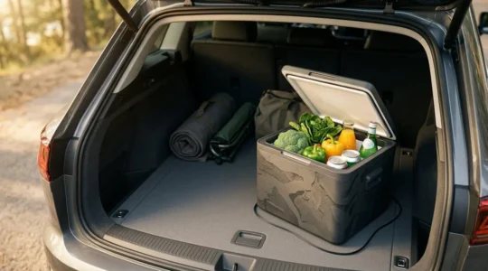 Professionelle Kompressor-Kühlbox im Kofferraum eines Fahrzeugs bei Sommerhitze mit frischen Lebensmitteln