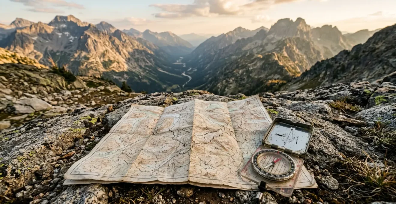 Karte und Kompass als lebensrettende Notfallausrüstung in abgelegenen Bergregionen