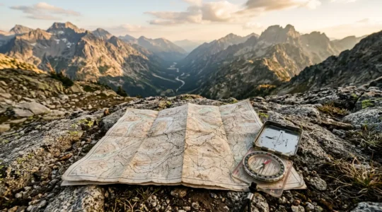 Karte und Kompass als lebensrettende Notfallausrüstung in abgelegenen Bergregionen