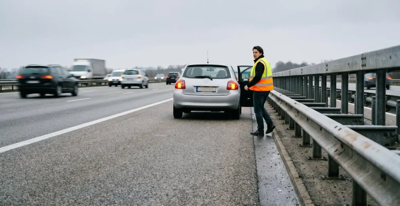 Person in Warnweste verlässt Fahrzeug auf der rechten Seite und bewegt sich sofort zur Leitplanke - lebensrettende Verhaltensweise bei Autopanne