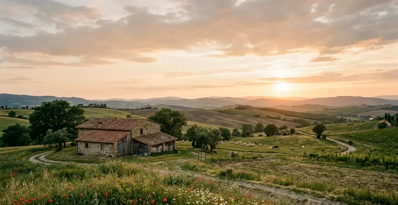 Rustikaler Bauernhof in idyllischer Landschaft fernab vom Massentourismus mit weitläufigen Feldern und traditioneller Architektur