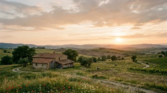 Rustikaler Bauernhof in idyllischer Landschaft fernab vom Massentourismus mit weitläufigen Feldern und traditioneller Architektur
