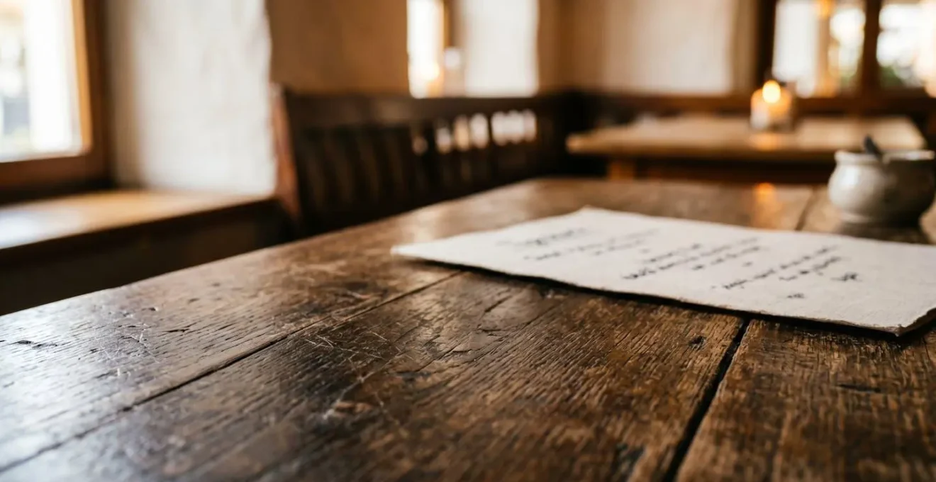Nahaufnahme eines traditionellen Holztisches in gemütlichem deutschen Gasthaus mit warmem Ambiente und natürlichem Tageslicht
