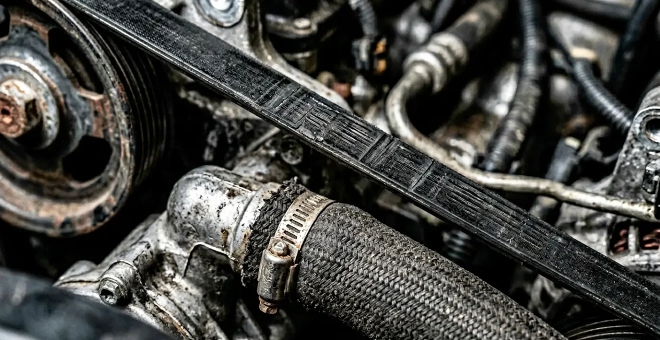 Detaillierte Nahaufnahme eines Motorraums mit Fokus auf Keilriemen und Kühlschläuche während einer professionellen Inspektion vor einer Urlaubsreise