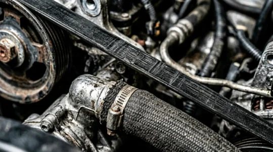 Detaillierte Nahaufnahme eines Motorraums mit Fokus auf Keilriemen und Kühlschläuche während einer professionellen Inspektion vor einer Urlaubsreise