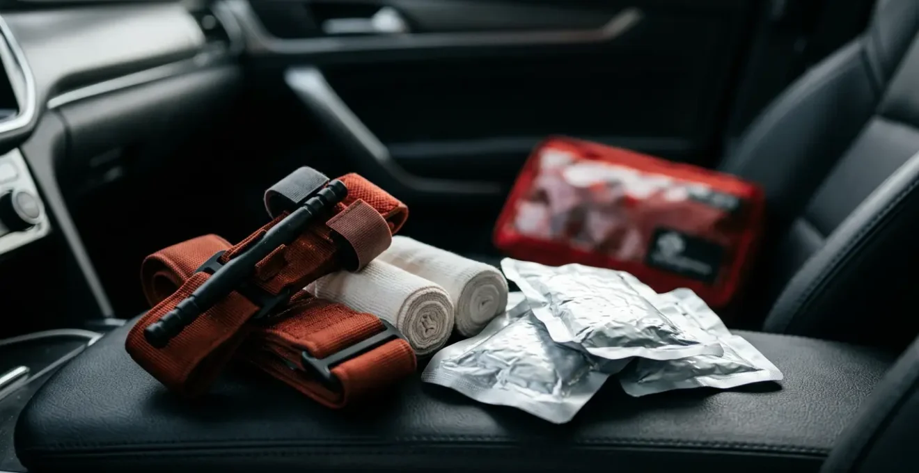 Moderner Verbandskasten und lebensrettende Notfallausrüstung für Autofahrer