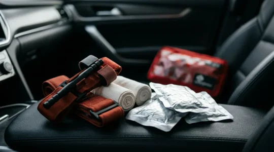 Moderner Verbandskasten und lebensrettende Notfallausrüstung für Autofahrer