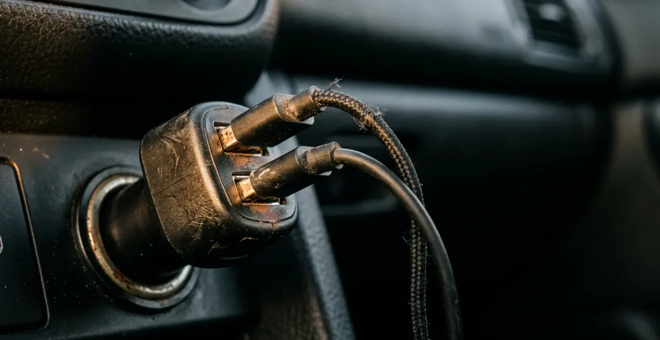 Nahaufnahme eines überhitzten Zigarettenanzünderadapters im Auto mit mehreren angeschlossenen Ladekabeln