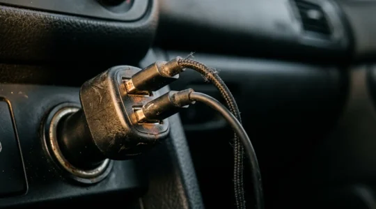Nahaufnahme eines überhitzten Zigarettenanzünderadapters im Auto mit mehreren angeschlossenen Ladekabeln