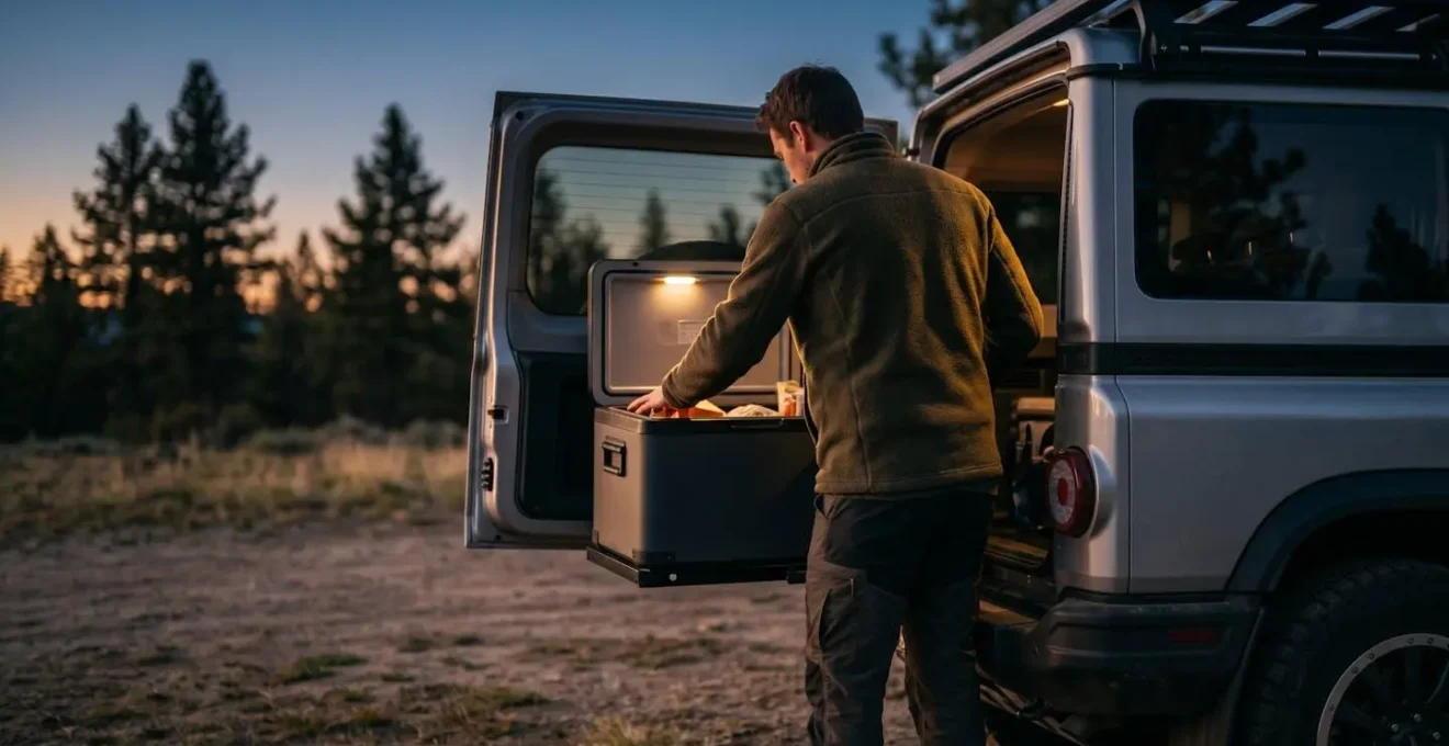 Camping-Szene bei Nacht mit beleuchteter Kühlbox und Fahrzeug unter Sternenhimmel