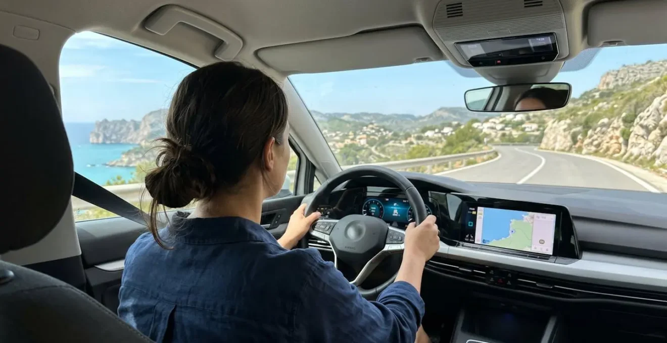 Blick über die Schulter einer Person am Steuer auf eine kurvige sardische Panorama-Küstenstrasse mit Mittelmeerblick durch die Windschutzscheibe