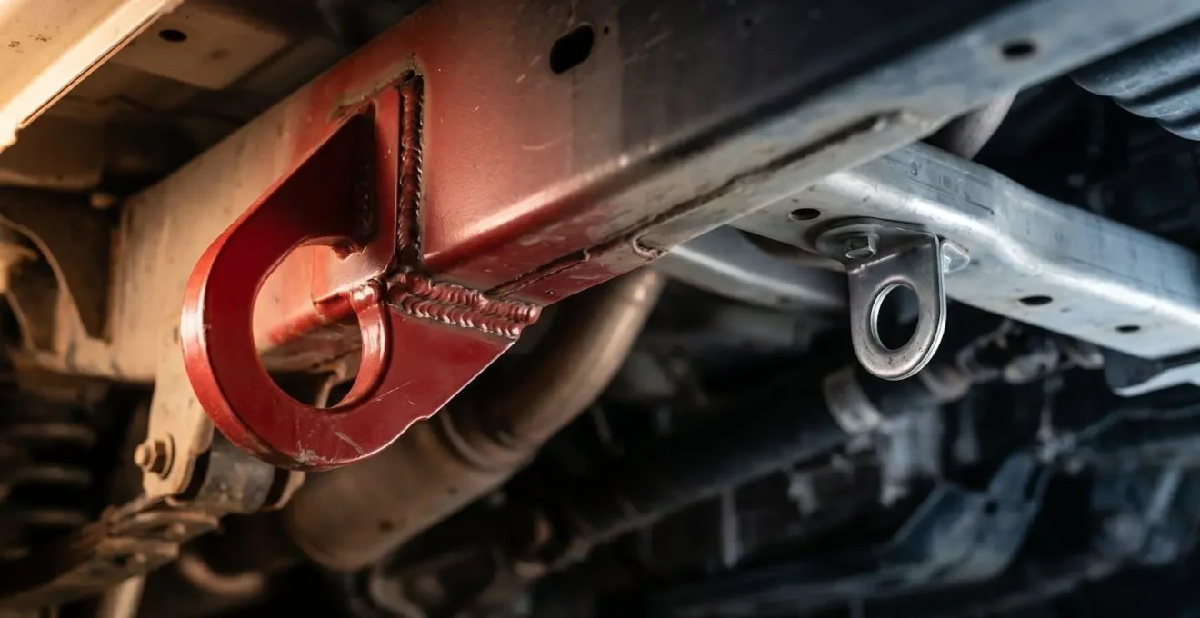 Detailaufnahme eines echten, am Rahmen verschweissten Bergepunkts an einem Wohnmobil-Chassis im Vergleich zu einer schwachen Transportöse