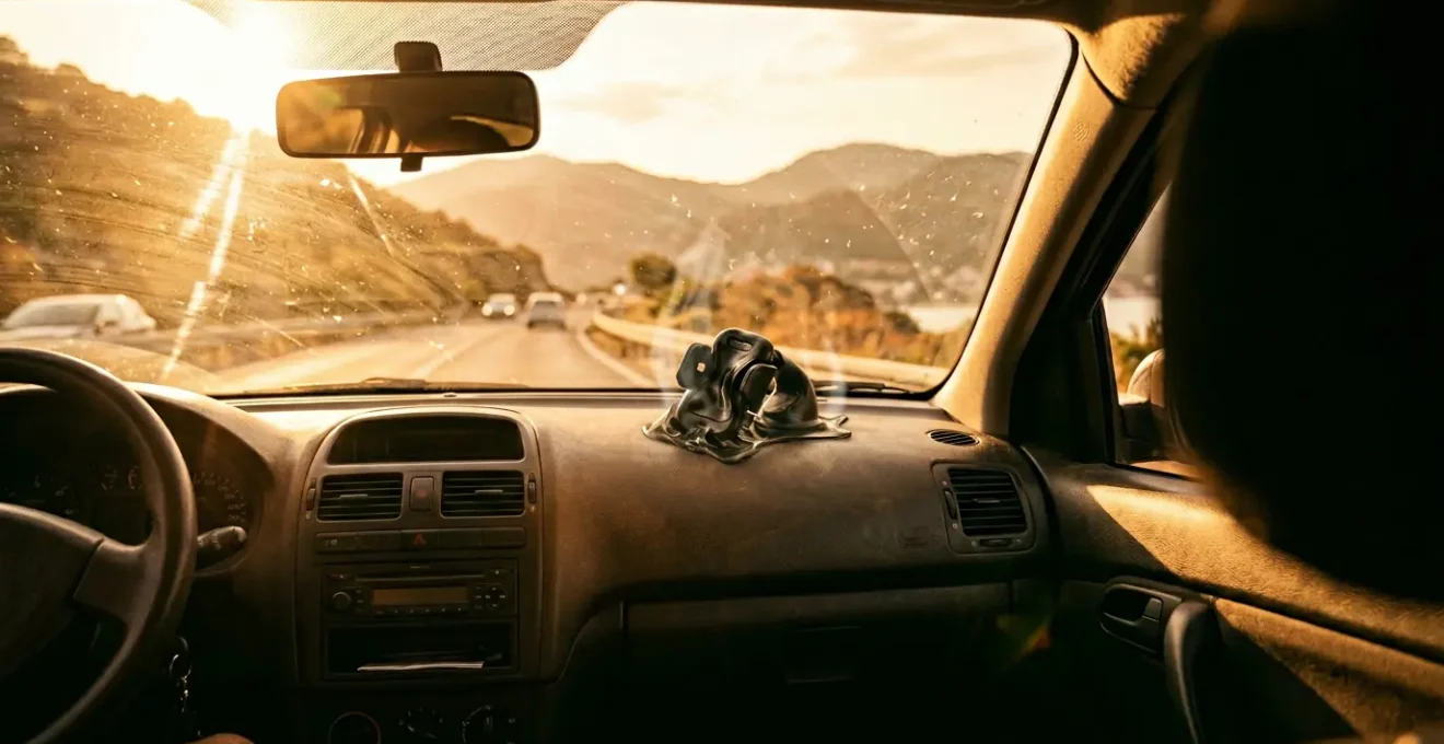 Beschaedigtes minderwertiges Autozubehoer im heissen Fahrzeuginnenraum waehrend Europa-Roadtrip