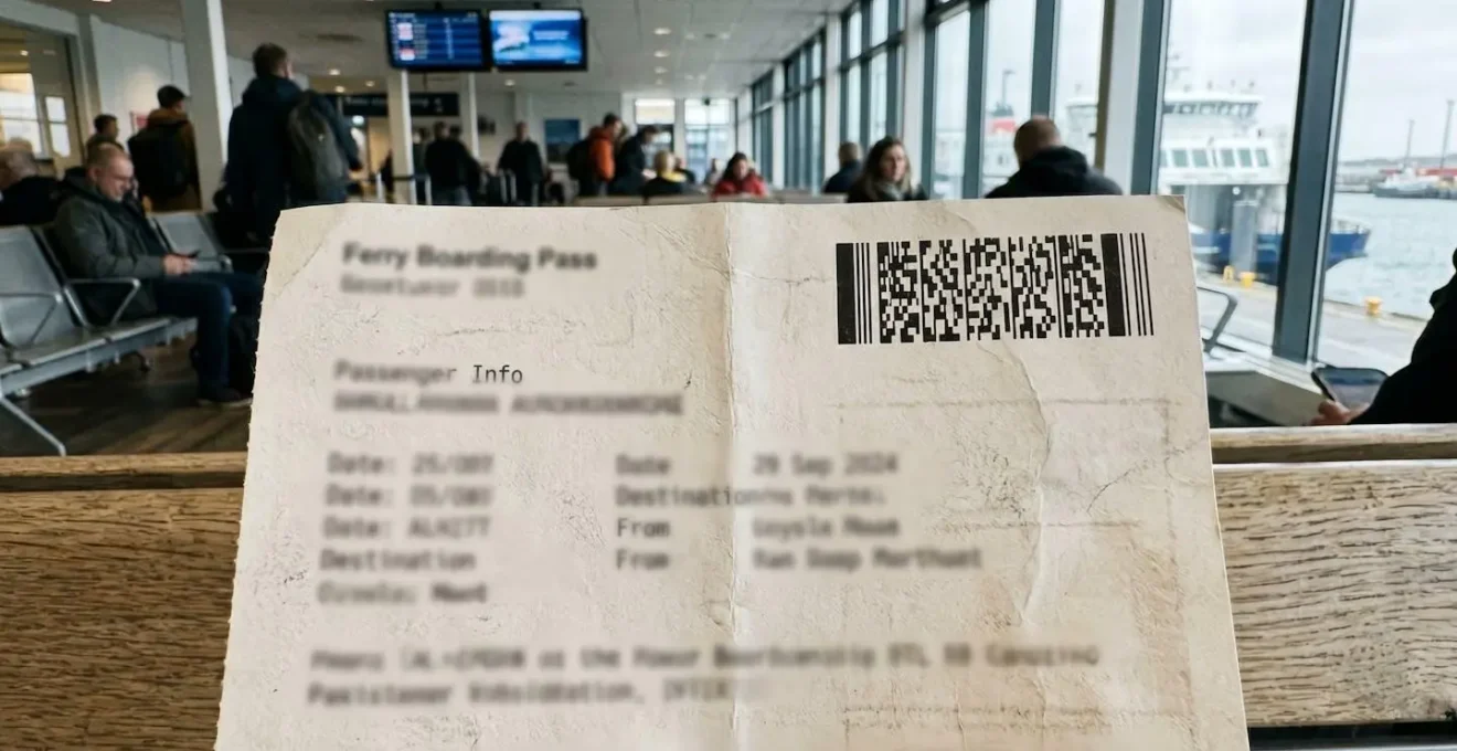Extreme Nahaufnahme eines Fähr-Boarding-Tickets mit Barcode auf moderner Oberfläche, Text unscharf, sanfter Bokeh-Hintergrund
