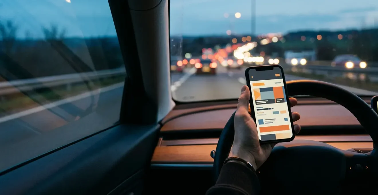 Smartphone zeigt Hotelbuchung auf Autobahn bei Nacht mit strategischer Preissuche