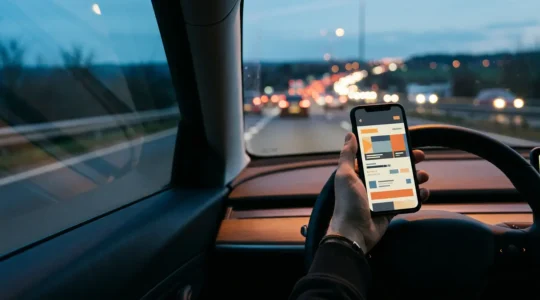 Smartphone zeigt Hotelbuchung auf Autobahn bei Nacht mit strategischer Preissuche