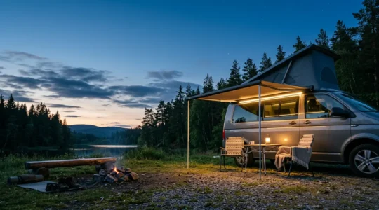 Gemütlich beleuchteter Camper-Vorplatz bei Abenddämmerung mit warmweißem LED-Licht