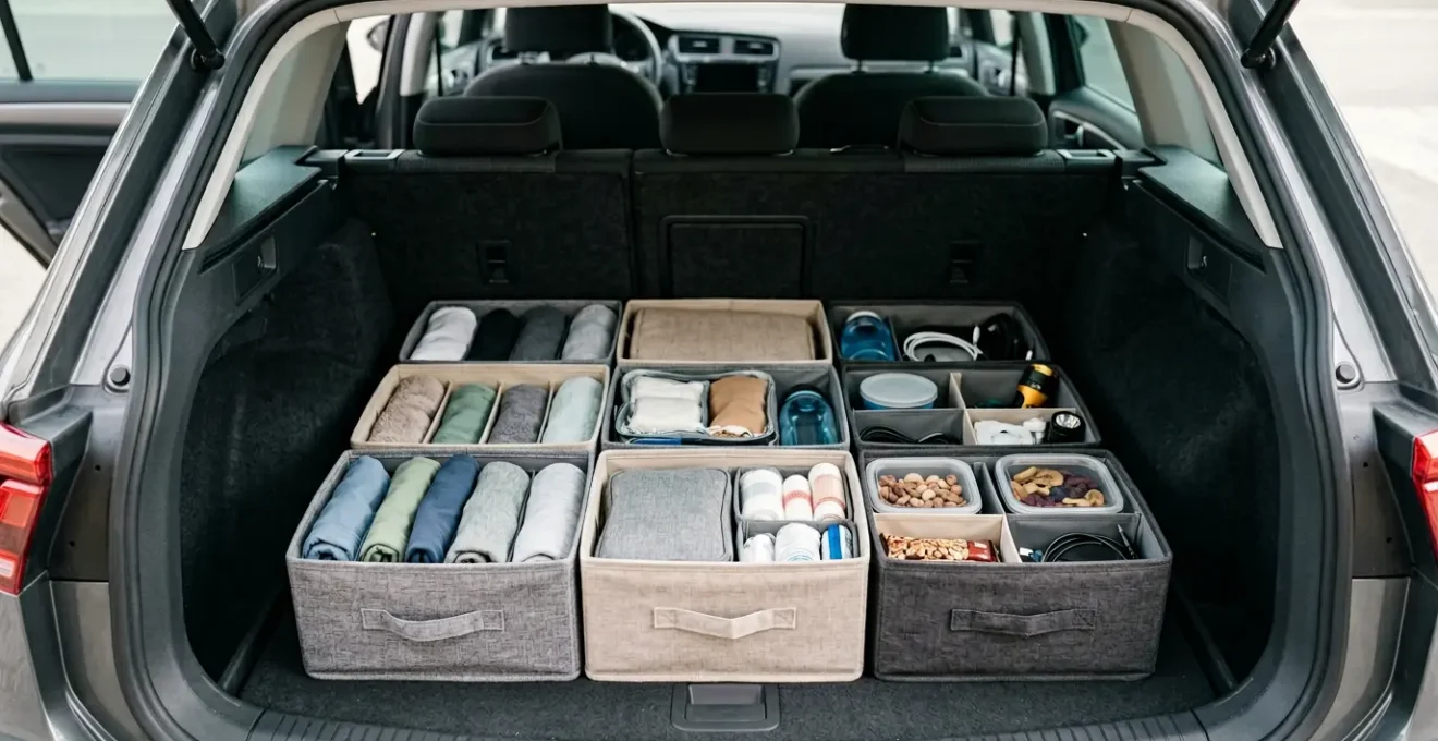 Organisierter Familien-Kofferraum mit modularen Aufbewahrungsboxen und strukturiertem Packsystem