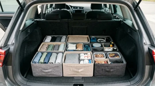 Organisierter Familien-Kofferraum mit modularen Aufbewahrungsboxen und strukturiertem Packsystem