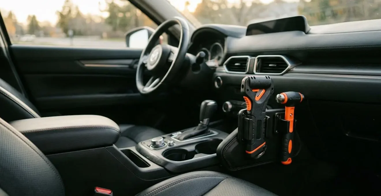 Professionell organisiertes Auto-Cockpit mit griffbereiten Sicherheitswerkzeugen für Notfälle