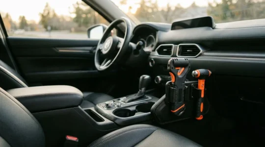 Professionell organisiertes Auto-Cockpit mit griffbereiten Sicherheitswerkzeugen für Notfälle