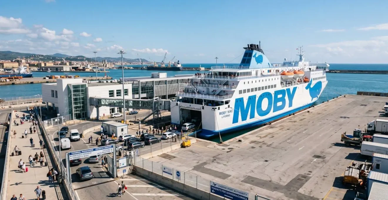 Großes weißes Fährschiff am modernen Hafenterminal in Livorno an einem sonnigen Morgen, Blick auf das Oberdeck und die Laderampe