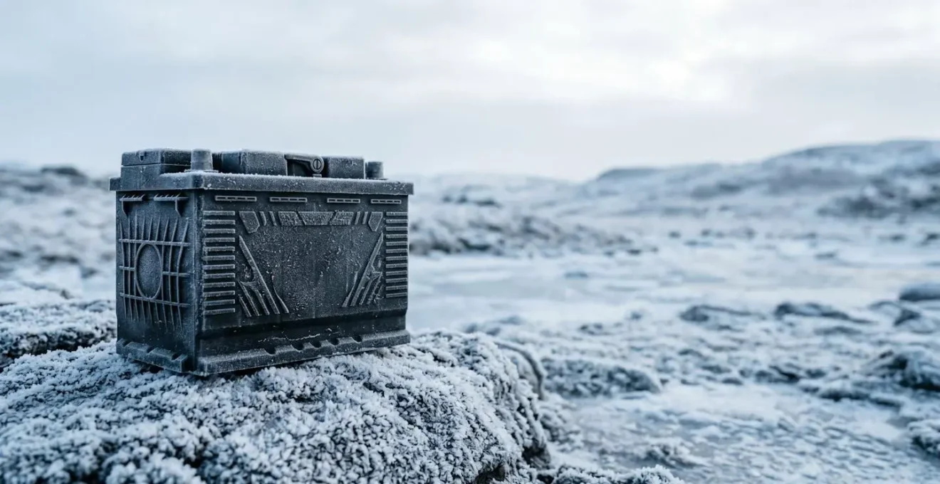 Konzeptuelle Darstellung einer gefrorenen Autobatterie unter winterlichen Bedingungen mit symbolischer Energieentladung