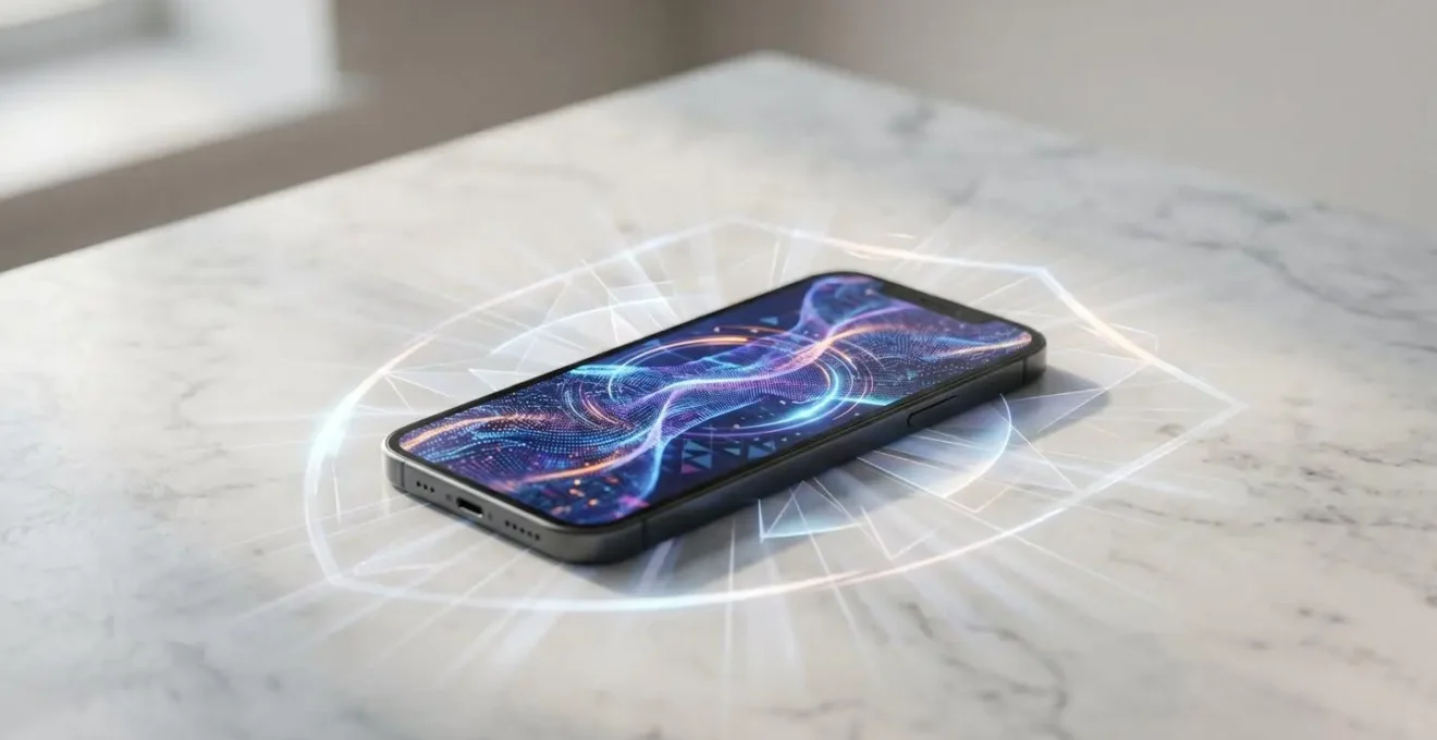 Symbolische Darstellung von VPN-Sicherheit auf einem Smartphone, umgeben von einem leuchtenden Schild, das Datenschutz und Anonymität im Internet repräsentiert.