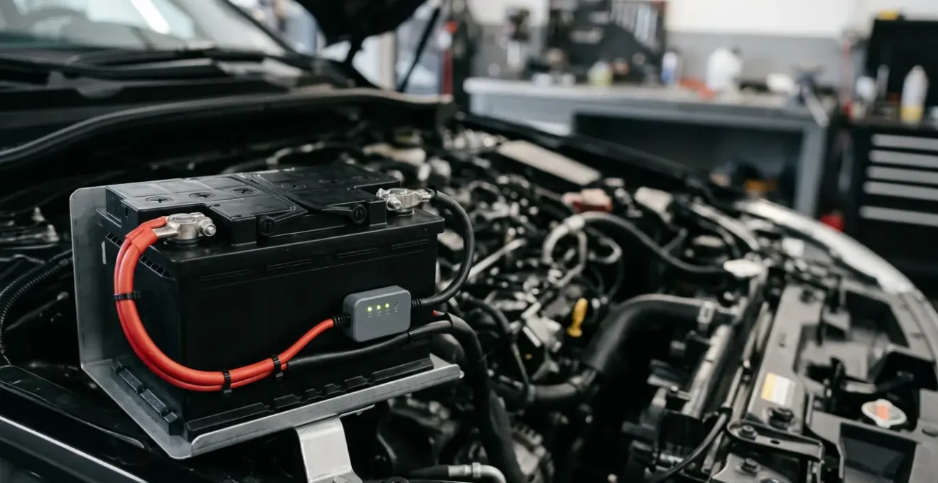 Moderne Autobatterie mit 12V-Stromversorgungssystem für elektronische Geräte im Fahrzeug