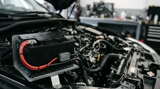 Moderne Autobatterie mit 12V-Stromversorgungssystem für elektronische Geräte im Fahrzeug