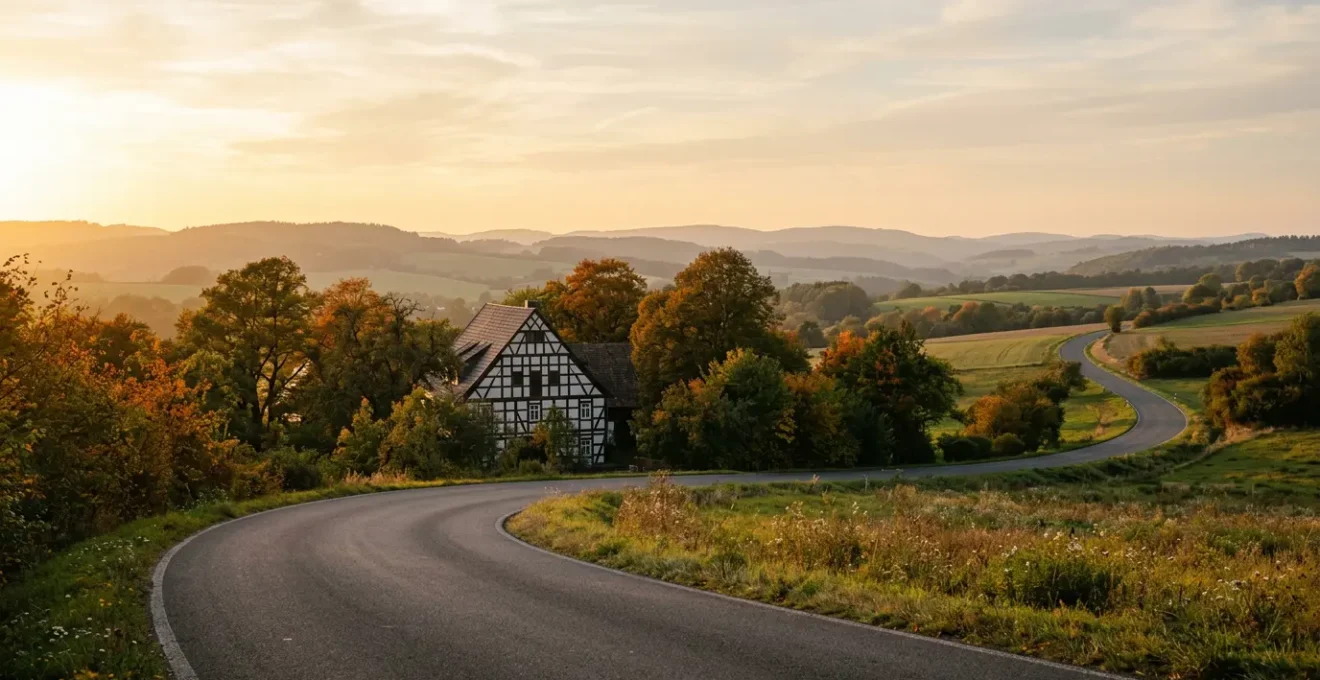 Malerische deutsche Ferienstraße führt durch sanfte Hügellandschaft mit historischem Fachwerk im Hintergrund bei warmem Nachmittagslicht