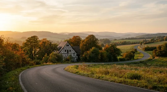 Malerische deutsche Ferienstraße führt durch sanfte Hügellandschaft mit historischem Fachwerk im Hintergrund bei warmem Nachmittagslicht