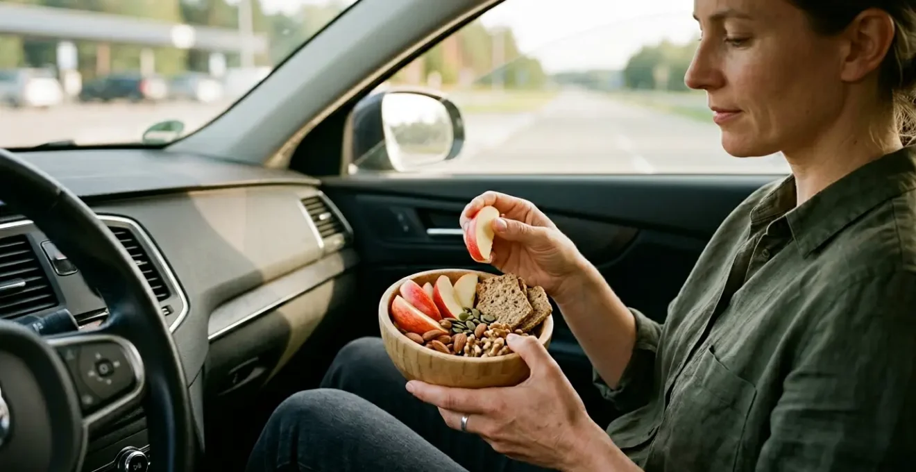 Fahrer hält gesunde Snacks in der Hand während einer Rastpause zur Vorbeugung von gefährlichem Sekundenschlaf