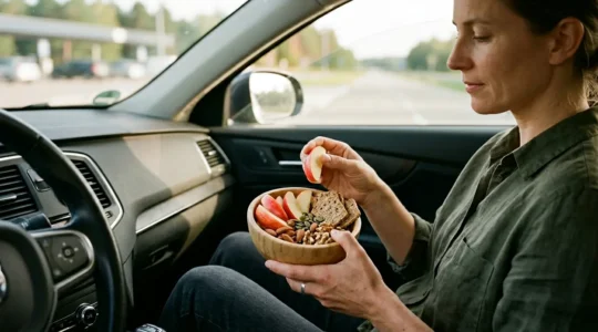 Fahrer hält gesunde Snacks in der Hand während einer Rastpause zur Vorbeugung von gefährlichem Sekundenschlaf