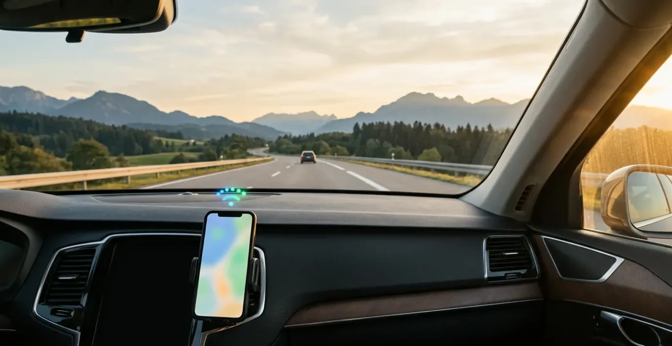 Moderne Autoreise durch Europa mit digitaler Konnektivität und Smartphone-Nutzung