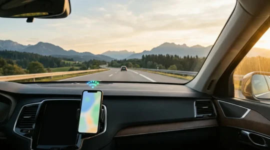 Moderne Autoreise durch Europa mit digitaler Konnektivität und Smartphone-Nutzung