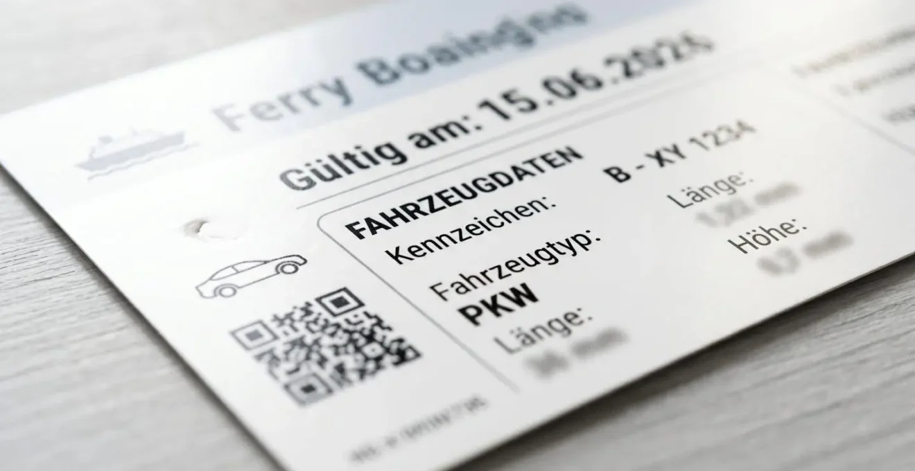 Nahaufnahme eines Fährtickets mit Fahrzeugangaben, im Hintergrund verschwommene Unterlagen