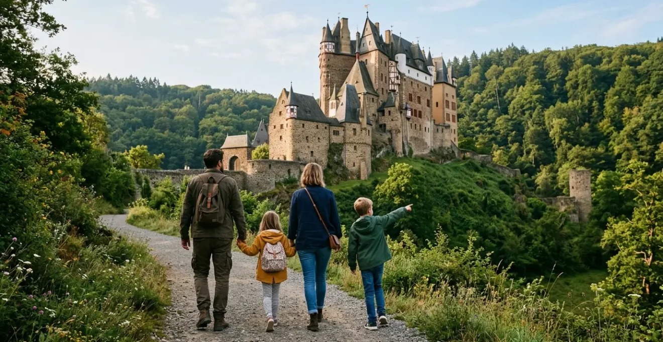 Familie auf Roadtrip besichtigt deutsches Schloss waehrend Sommertag ohne ueberfuellte Touristenmassen