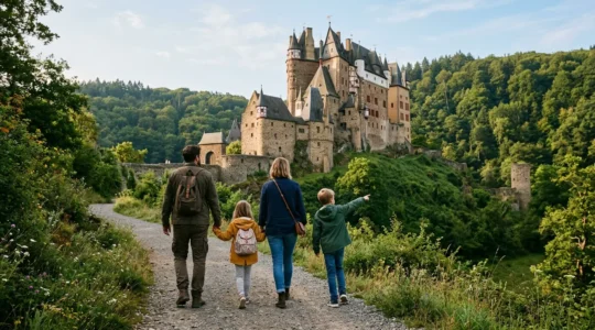 Familie auf Roadtrip besichtigt deutsches Schloss waehrend Sommertag ohne ueberfuellte Touristenmassen