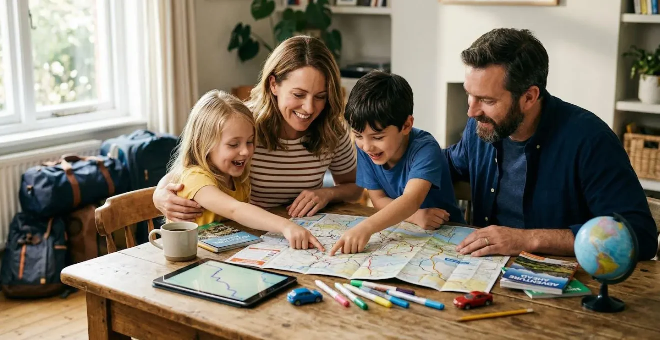 Familie plant gemeinsam eine Autoreise mit Landkarte und Reiseunterlagen