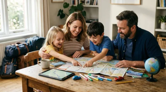 Familie plant gemeinsam eine Autoreise mit Landkarte und Reiseunterlagen