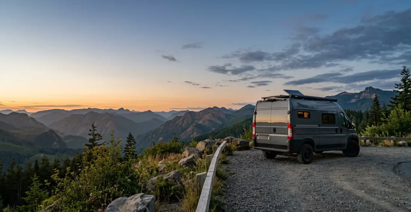 Ein Wohnmobil steht bei Sonnenuntergang auf einem ruhigen Naturparkplatz umgeben von Bergen und Wäldern