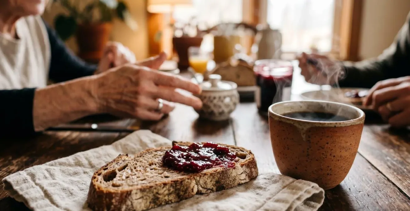 Authentisches Frühstücksgespräch zwischen Gast und Gastgeber an gemütlichem Tisch mit frischen regionalen Produkten