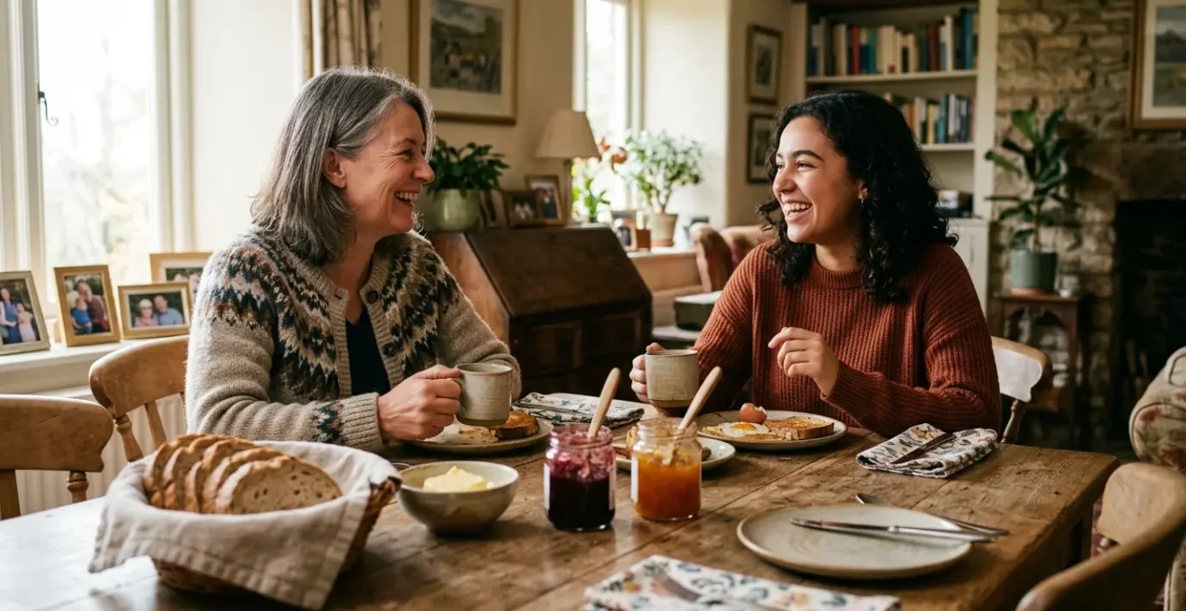 Gemütliche Bed-and-Breakfast-Atmosphäre mit familiärem Frühstückstisch und internationaler Begegnung