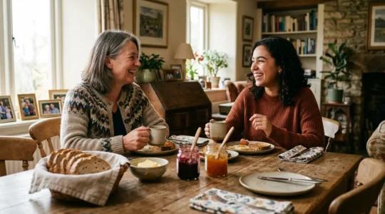 Gemütliche Bed-and-Breakfast-Atmosphäre mit familiärem Frühstückstisch und internationaler Begegnung