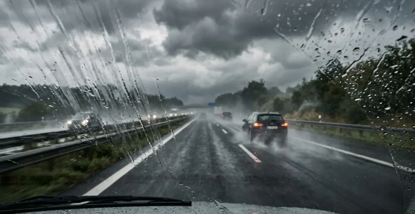 Dramatische Szene auf deutscher Autobahn bei Starkregen mit eingeschränkter Sicht durch defekte Scheibenwischer