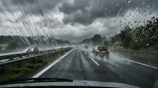 Dramatische Szene auf deutscher Autobahn bei Starkregen mit eingeschränkter Sicht durch defekte Scheibenwischer