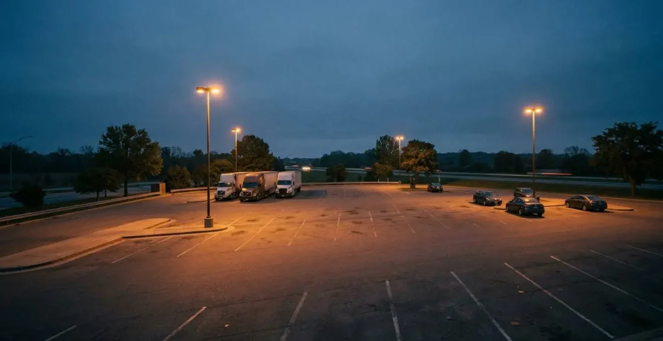 Dunkler Raststättenparkplatz bei Nacht mit geparkten Fahrzeugen unter schwachem Licht