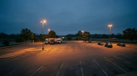 Dunkler Raststättenparkplatz bei Nacht mit geparkten Fahrzeugen unter schwachem Licht